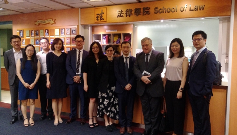 CIBELers at CityU with Dean of Law school Prof Geraint Howells (R3), Professor Alexander Loke (L3), Dr Chunyan Ding (L2), Dr Yu-Hsin Lin (L4) and Dr Tianxiang He (L5).