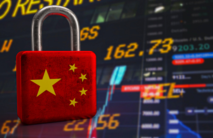 Red lock with Chinese flags symble , stock market with numbers