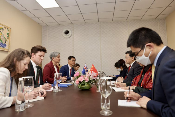 Australia’s Foreign Minister Penny Wong meets China’s Foreign Minister Qin Gang at the G20 summit in New Delhi, India, March 2 2023. Office of the Minister for Foreign Affairs/AAP