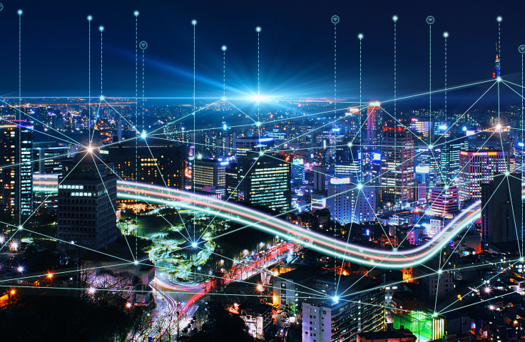 An Image of a city at night. Smart connection network system, smart city network concept, 5G wireless connection.