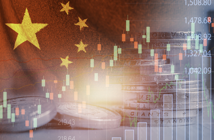 Double exposure of China flag on coins stacking and stock market graph chart .It is symbol of china high growth economy and technology. stock photo